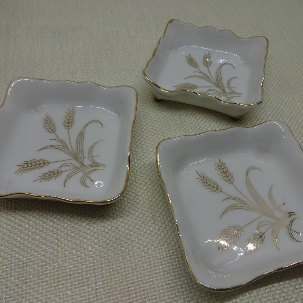 Vintage (3) LEFTON GOLDEN WHEAT Pattern Trinket Dishes/Teabag Holders (EUC)
